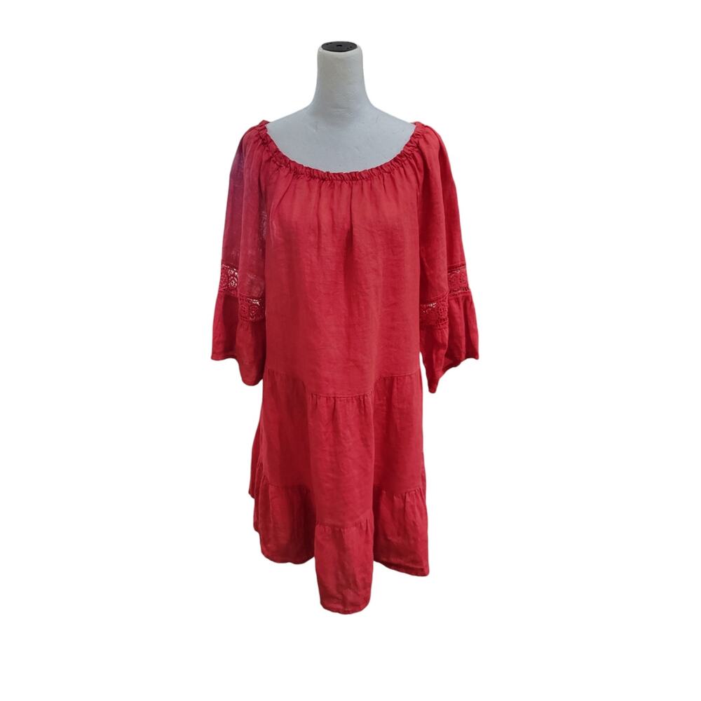Terzo Millenio Linen Dress Women's Medium Red Tiered Crochet Lace‎ Boho
